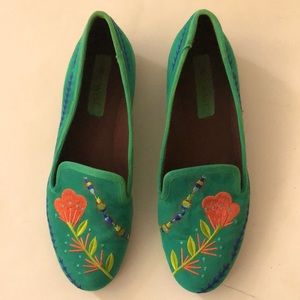 Nine West 6M Loafer shoe Flat Green Suede Orange Blue Floral Embroidery Excellen